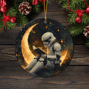 Stormtrooper Reading On A Crescent Moon Mica Circle Ornament