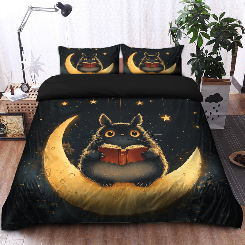 Totoro Reading On A Crescent Moon Bedding Set Duvet Cover And 2 Pillowcases