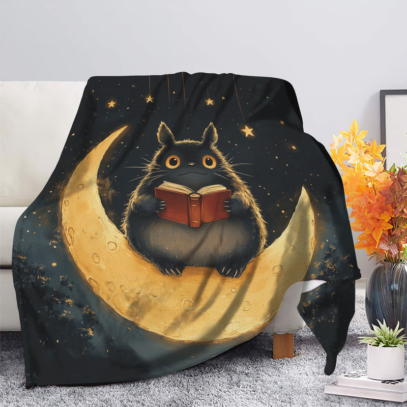 Totoro Pokemon Reading On A Crescent Moon Premium Blanket