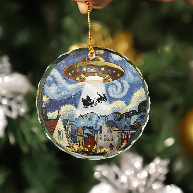 UFO A Santa Claus In Starry Night Christmas Glass Ornament
