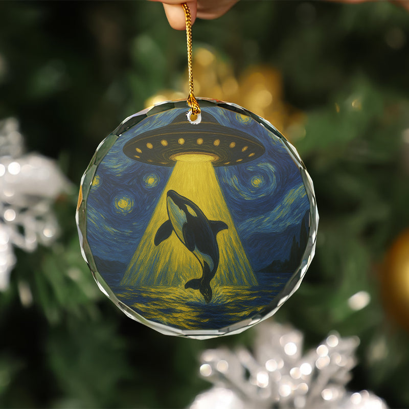 UFO Killer Whale In Starry Night Glass Ornament