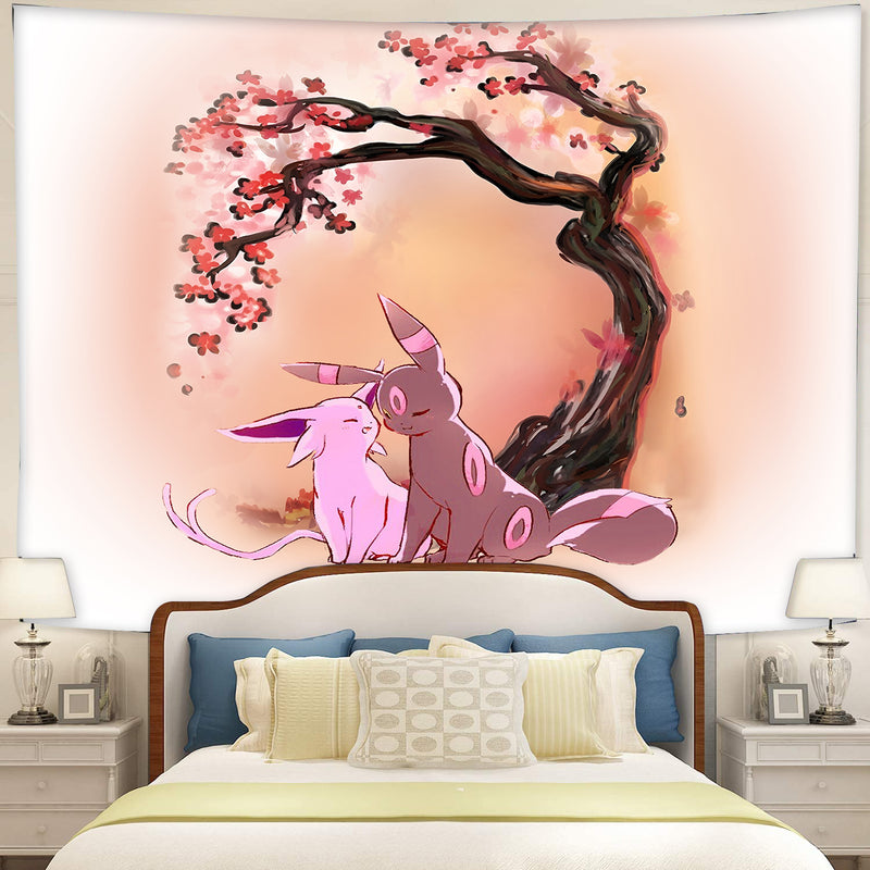 Umbreon And Espeon Eevee Evolution Pokemon Couple Cherry Blossom Tapestry Room Decor