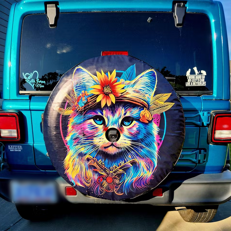 Colorful Hippie Cat Car Spare Tire Cover