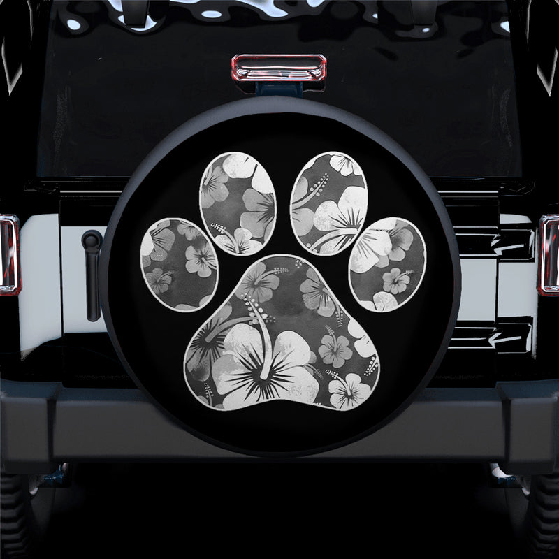White Paw Print Hawaiian Hibiscus Car Spare Tire Covers Gift For Campers
