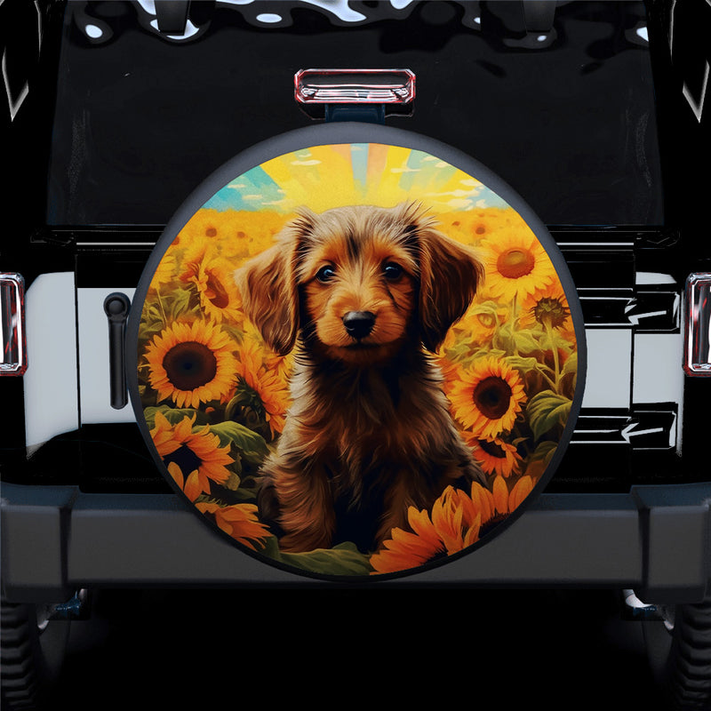 Rainbow Colored Puppy Dog Sunflower 1 Car Spare Tire Covers Gift For Campers
