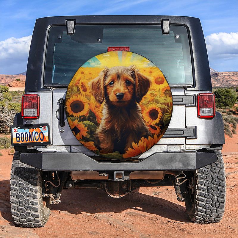 Rainbow Colored Puppy Dog Sunflower 1 Car Spare Tire Covers Gift For Campers
