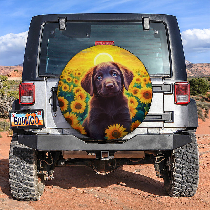 Rainbow Colored Cute Puppy Dog Sunflower Car Spare Tire Covers Gift For Campers