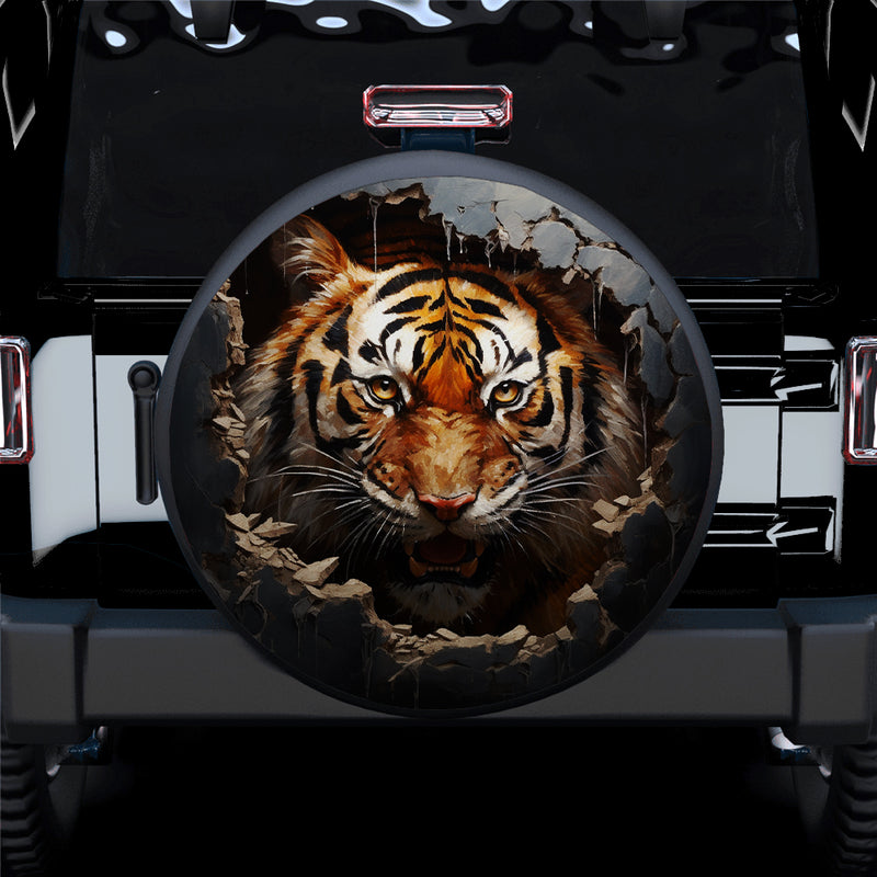 Angry Tiger Peeking Out From A Wall Jeep Car Spare Tire Cover