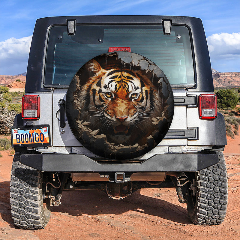 Angry Tiger Peeking Out From A Wall Jeep Car Spare Tire Cover