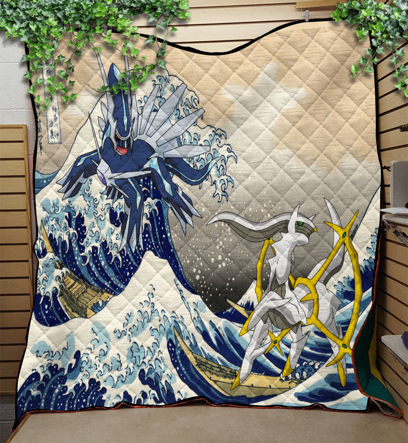 Arceus Vs Dialga Pokemon The Great Wave Quilt Blanket