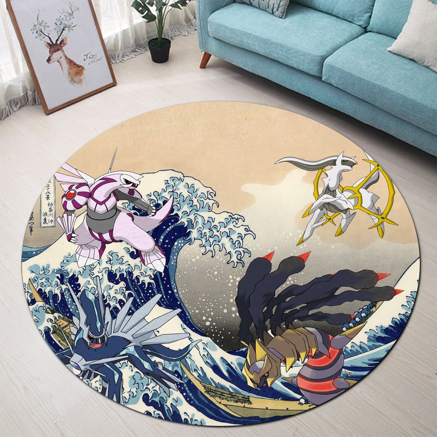 Arceus Vs Giratina Palkia Dialga The Great Wave Round Rug