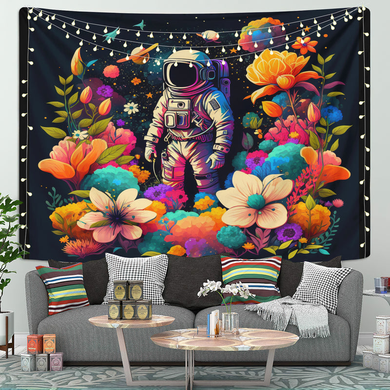 Astronaut Surrounded With Thousands Of Colorful Flower Tapestry Room Decor