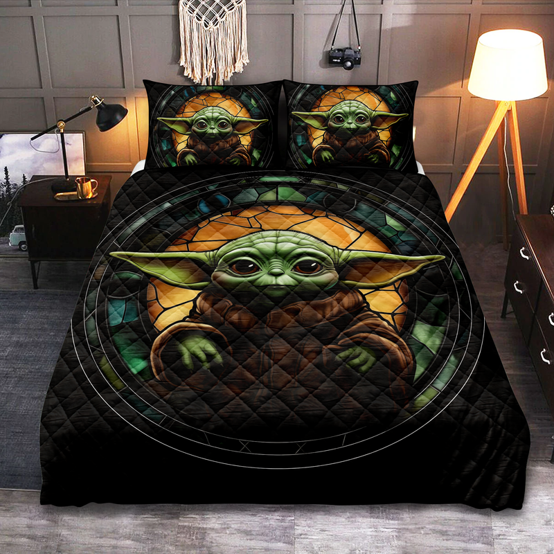 Baby Yoda Stained Glass Quilt Bed Sets