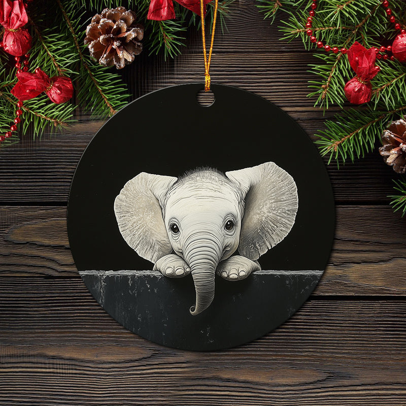 Baby Elephant Peeking Over A Black Wall Mica Circle Ornament Perfect Gift For Holiday