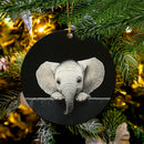 Baby Elephant Peeking Over A Black Wall Mica Circle Ornament