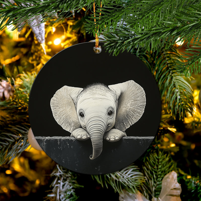Baby Elephant Peeking Over A Black Wall Mica Circle Ornament Perfect Gift For Holiday