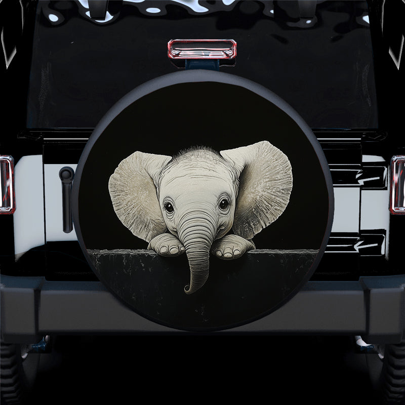 Baby Elephant Peeking Over A Black Wall Car Spare Tire Cover