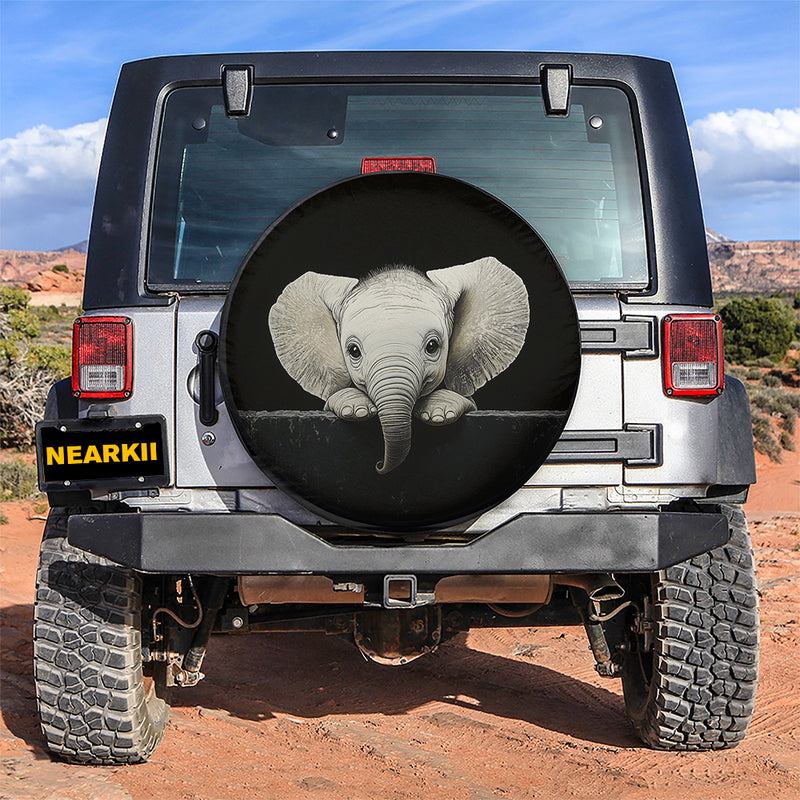 Baby Elephant Peeking Over A Black Wall Car Spare Tire Cover