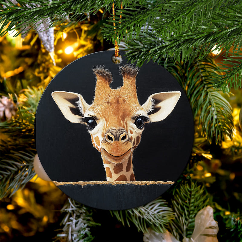 Baby Giraffe Peeking Over A Black Wall Mica Circle Ornament Perfect Gift For Holiday