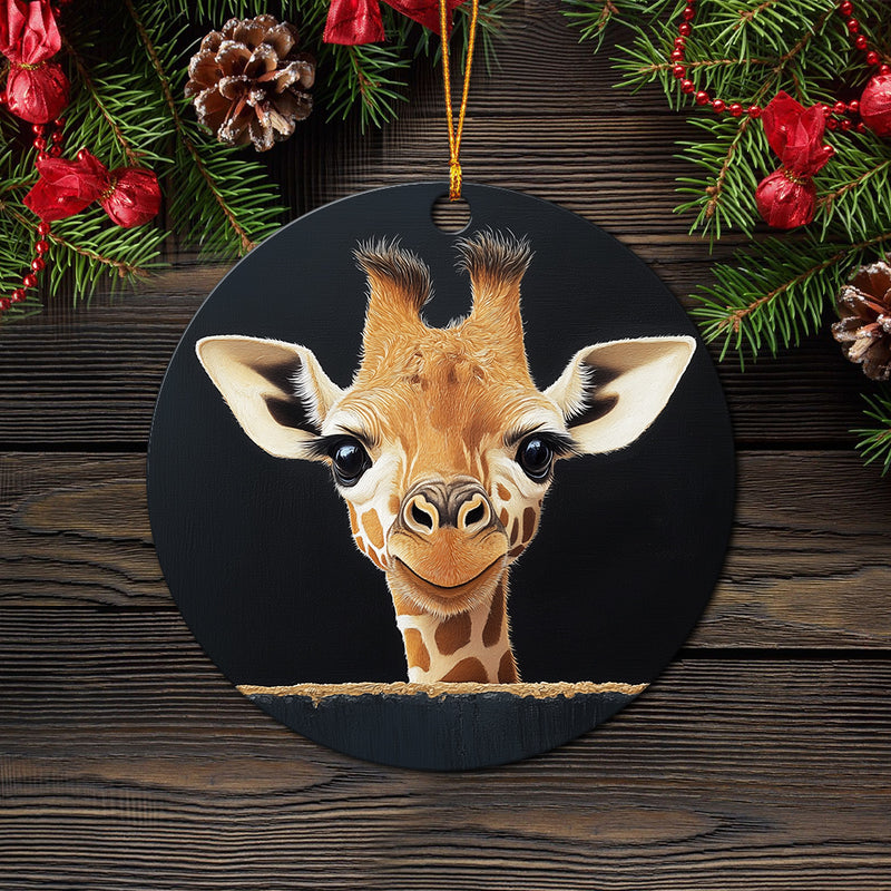 Baby Giraffe Peeking Over A Black Wall Mica Circle Ornament Perfect Gift For Holiday