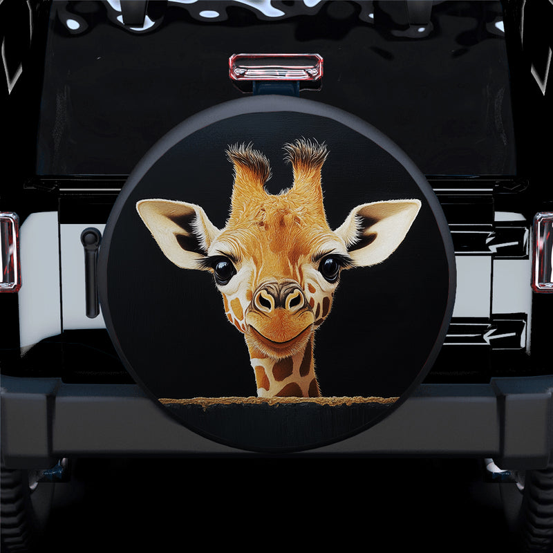 Baby Giraffe Peeking Over A Black Wall Car Spare Tire Cover