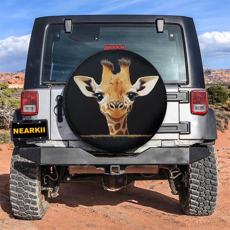 Baby Giraffe Peeking Over A Black Wall Car Spare Tire Cover