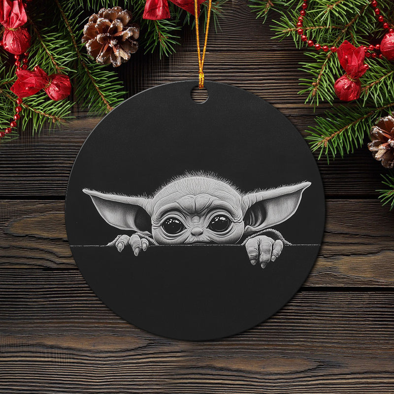 Baby Yoda Peeking Over ABlack Line Mica Circle Ornament Perfect Gift For Holiday