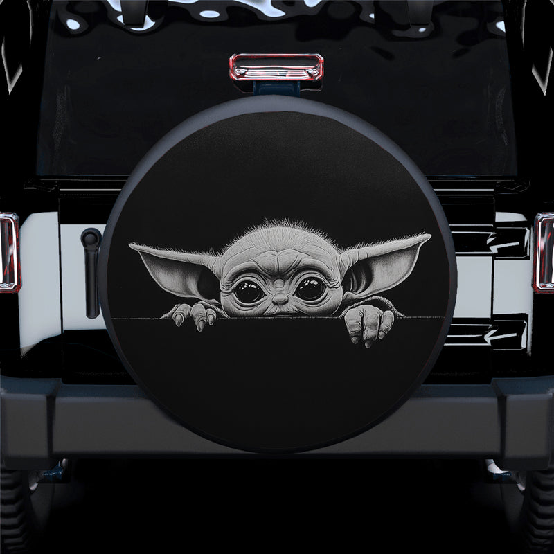 Baby Yoda Peeking Over A Black Wall Car Spare Tire Covers Gift For Campers