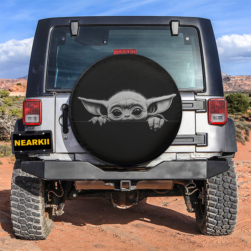 Baby Yoda Peeking Over A Black Wall Car Spare Tire Covers Gift For Campers