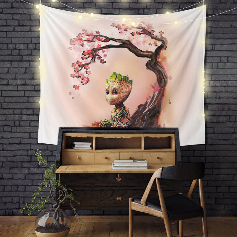 Baby Groot Cherry Blossom Tapestry Room Decor