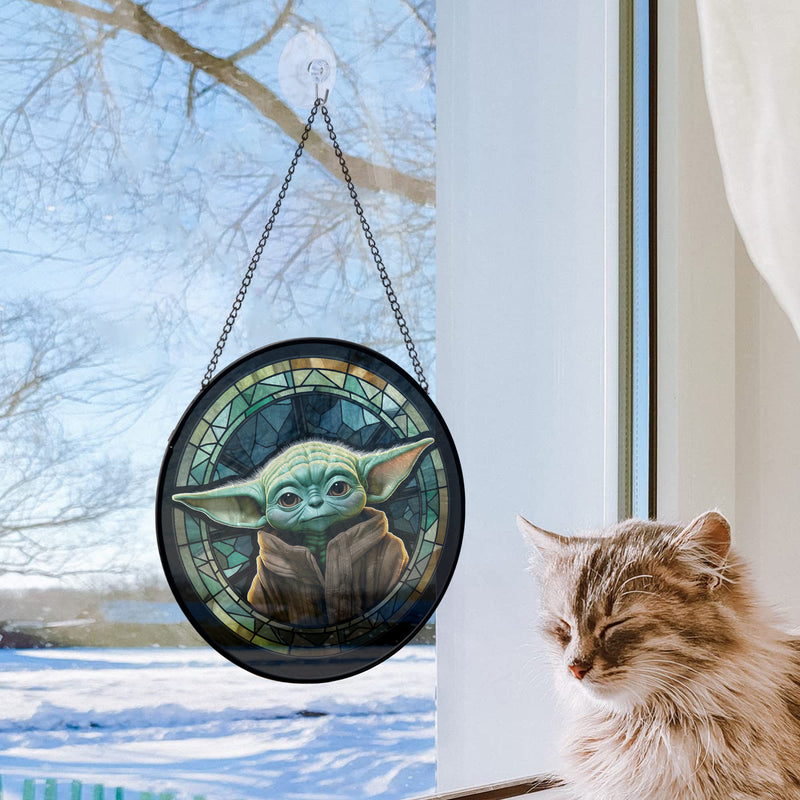Baby Yoda Round Stained Glass Window Hanging Panel Suncatcher