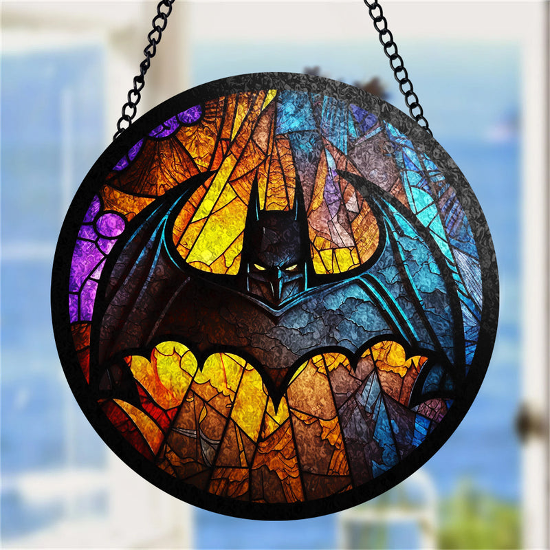 Batman Logo Round Stained Glass Window Hanging Panel Suncatcher