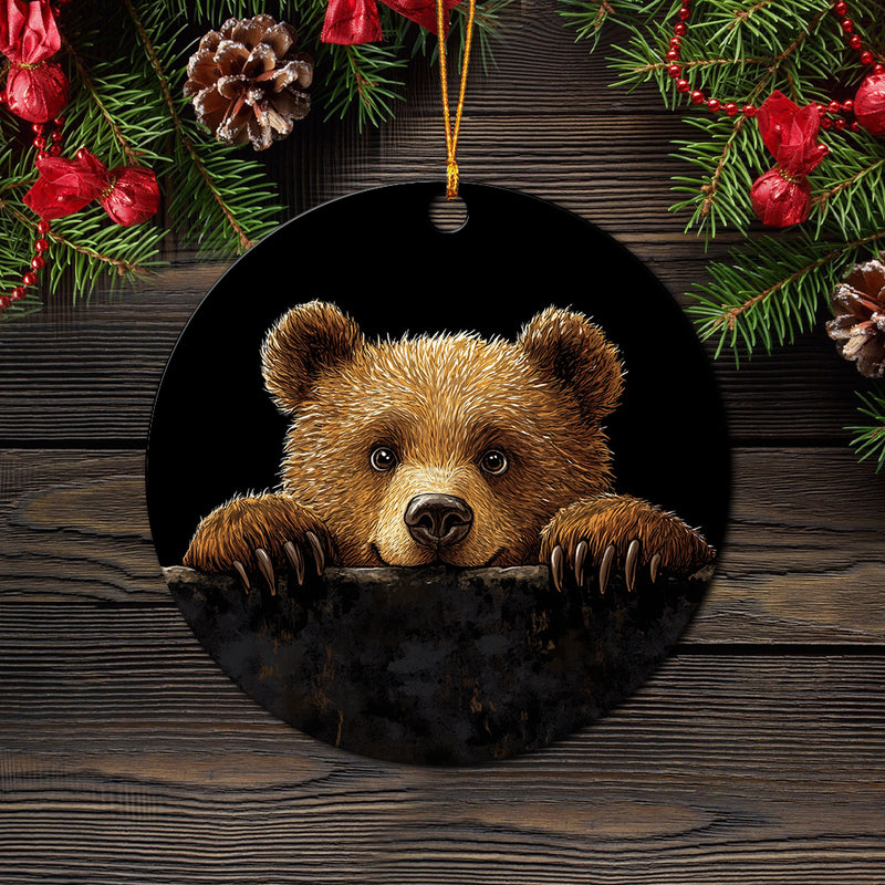 Bear Peeking Over A Black Wall Mica Circle Ornament Perfect Gift For Holiday