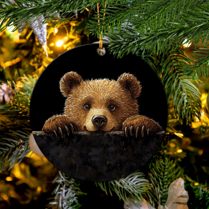 Bear Peeking Over A Black Wall Mica Circle Ornament Perfect Gift For Holiday