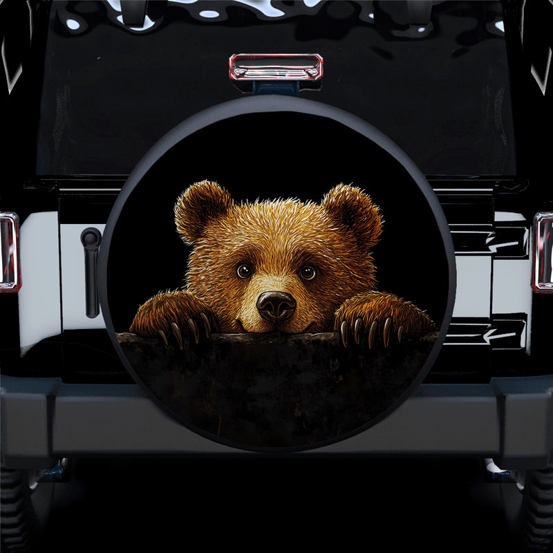 Bear Peeking Over A Black Wall Car Spare Tire Cover
