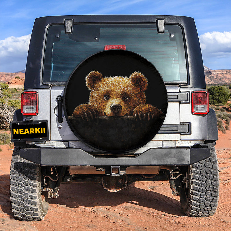 Bear Peeking Over A Black Wall Car Spare Tire Cover