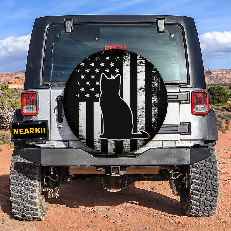 Black Cat American US Flag Car Spare Tire Cover