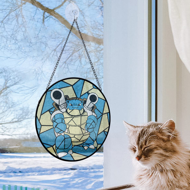 Blastoise Pokemon Round Stained Glass Window Hanging Panel Suncatcher