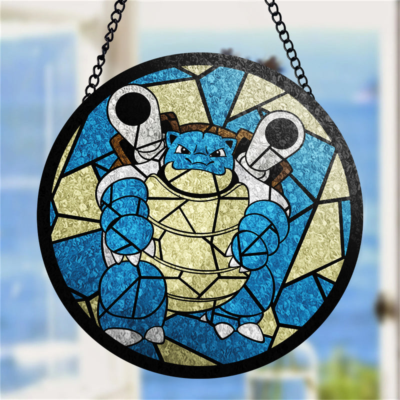 Blastoise Pokemon Round Stained Glass Window Hanging Panel Suncatcher