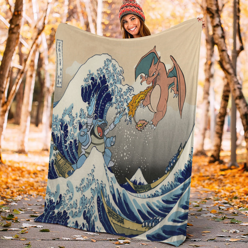 Bulbasaur Vs Charizard Pokemon The Great Wave Premium Blanket