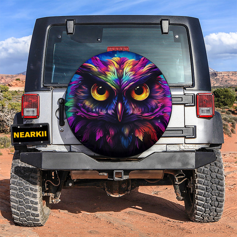 Colorful Digital Owl Car Spare Tire Covers Gift For Campers