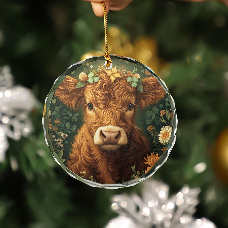 Highland Cow Flower Stained Glass Ornament