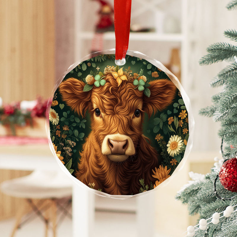 Highland Cow Flower Stained Glass Ornament