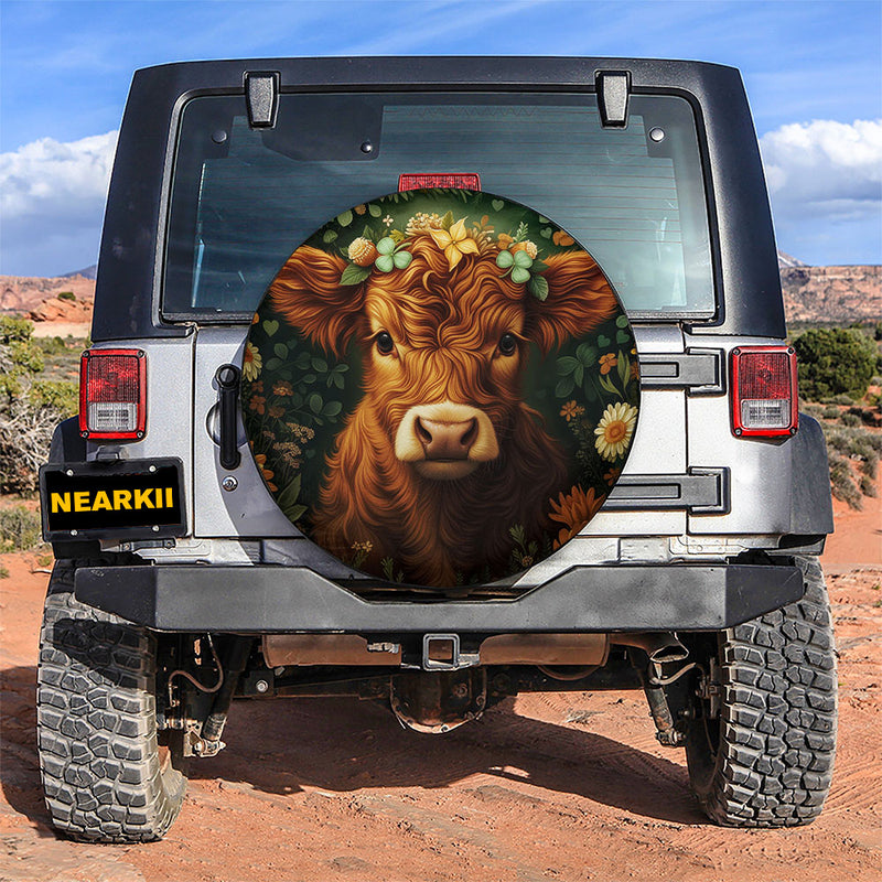 Highland Cow Flower Car Spare Tire Cover