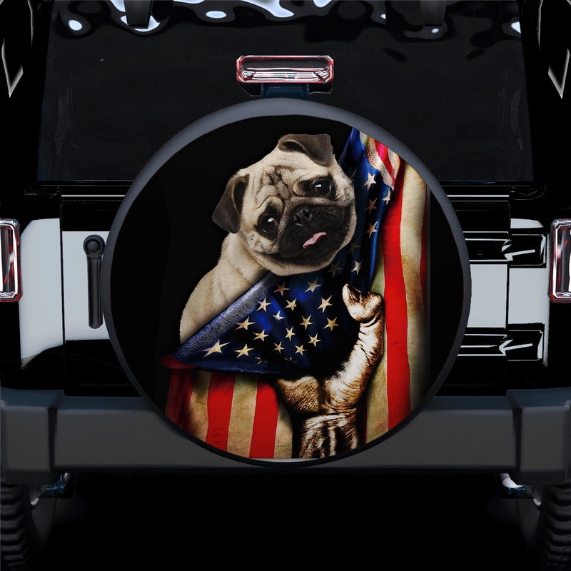Cute Pug Dog With American US Flag Car Spare Tire Cover