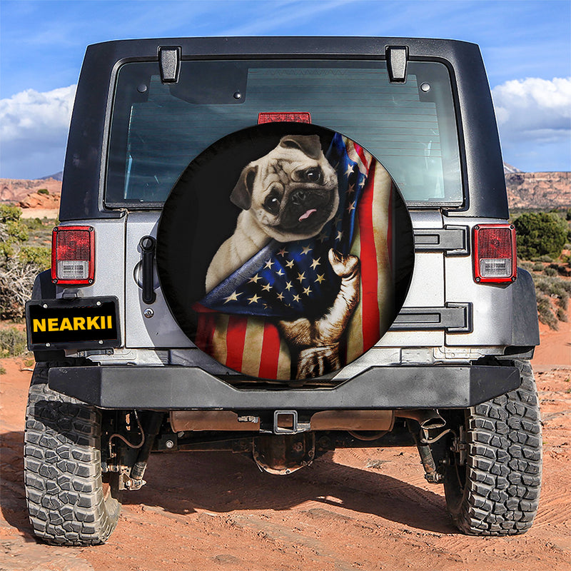 Cute Pug Dog With American US Flag Car Spare Tire Cover