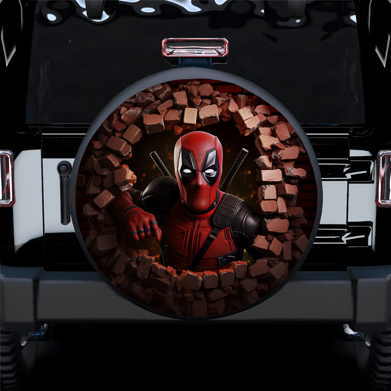 Deadpool Attacking Through A Brick Wall Car Spare Tire Cover