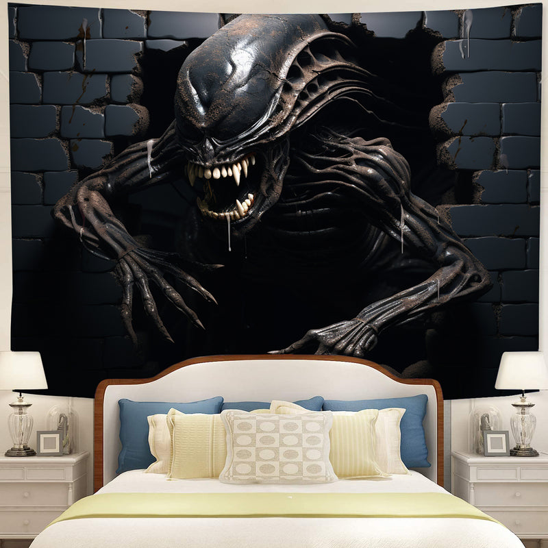 Alien Xenomorph Attacking Through A Brick Wall Tapestry Room Decor
