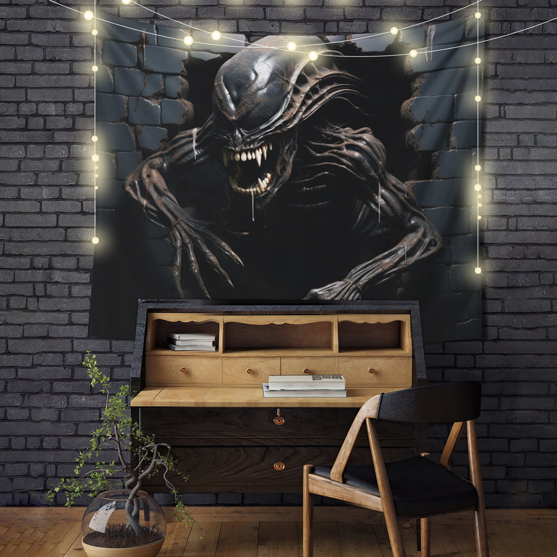 Alien Xenomorph Attacking Through A Brick Wall Tapestry Room Decor