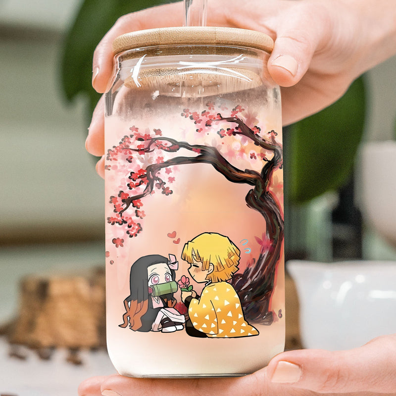 Nezuko Zenitsu Demon Slayer Cherry Blossom Japan Style Anime Glass Can